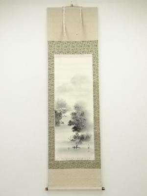 元勝筆　水墨山水　肉筆絹本掛軸（共箱）